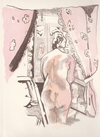 Delicate pink and brown lithograph showing a woman bathing in the cabin of a narrowboat.