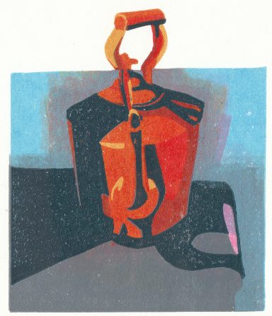 Image of a colourful kettle on a boat stove in the summer sunshine. The kettle casts a long shadow across the page.