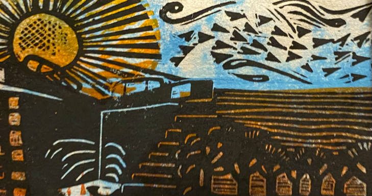 Orange, blue and black canal stylised landscape.