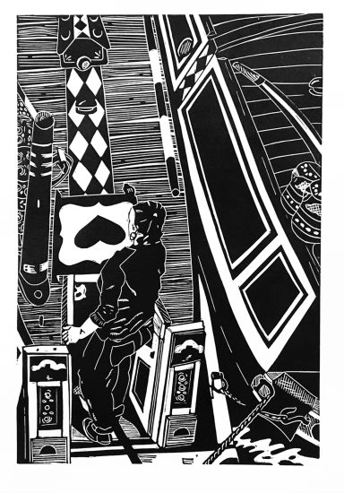 Black and white linocut showing two boats in a lock steered by a woman boater.