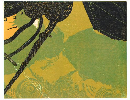 A linocut print in green and yellow tones showing the stern and bow of a pair of narrowboats reflected in the canal. 